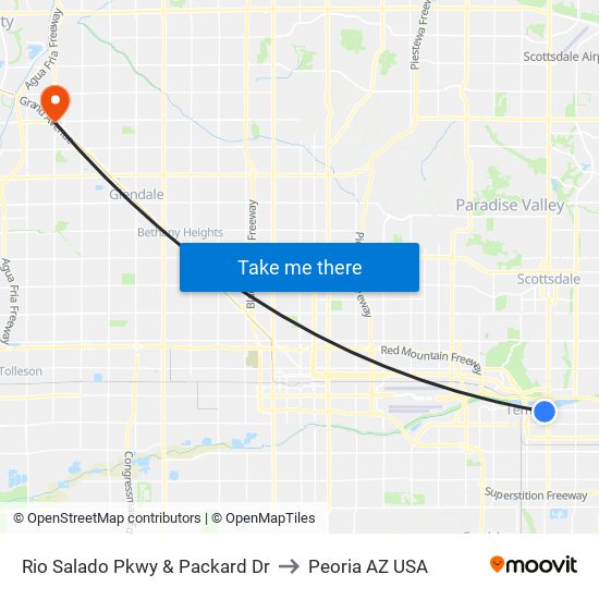 Rio Salado Pkwy & Packard Dr to Peoria AZ USA map