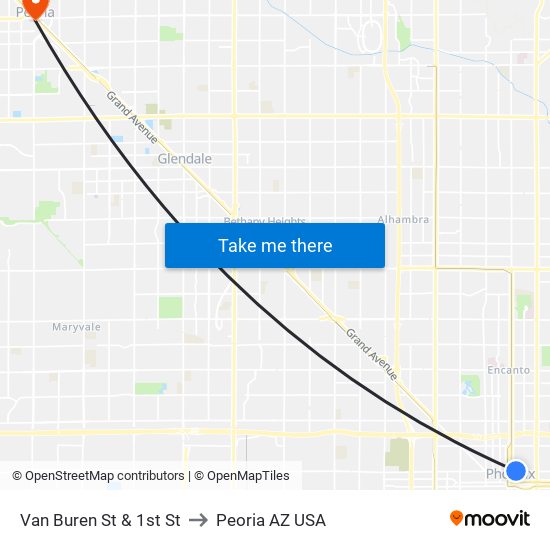 Van Buren St & 1st St to Peoria AZ USA map