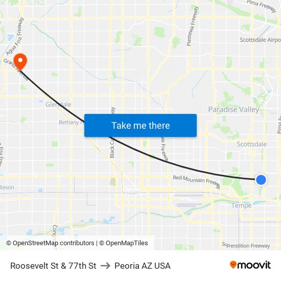 Roosevelt St & 77th St to Peoria AZ USA map