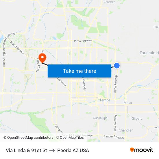 Via Linda & 91st St to Peoria AZ USA map