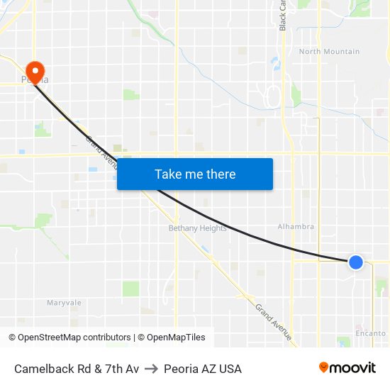 Camelback Rd & 7th Av to Peoria AZ USA map