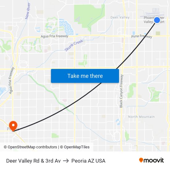 Deer Valley Rd & 3rd Av to Peoria AZ USA map