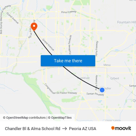 Chandler Bl & Alma School Rd to Peoria AZ USA map