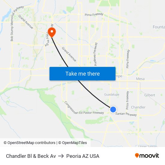 Chandler Bl & Beck Av to Peoria AZ USA map