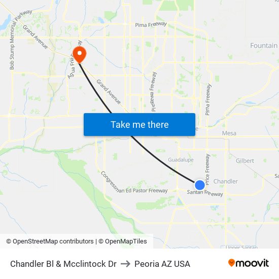 Chandler Bl & Mcclintock Dr to Peoria AZ USA map