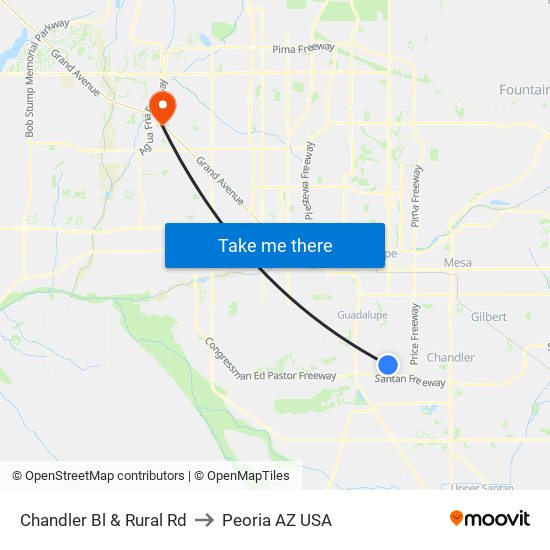 Chandler Bl & Rural Rd to Peoria AZ USA map