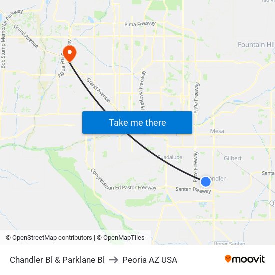 Chandler Bl & Parklane Bl to Peoria AZ USA map