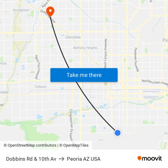 Dobbins Rd & 10th Av to Peoria AZ USA map