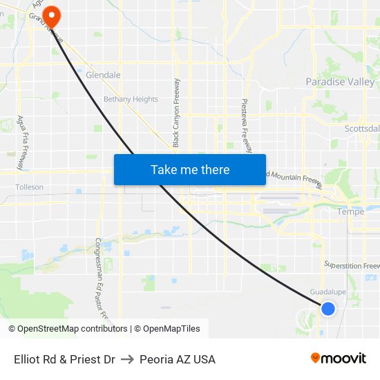 Elliot Rd & Priest Dr to Peoria AZ USA map