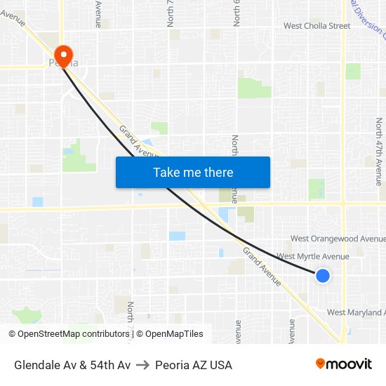 Glendale Av & 54th Av to Peoria AZ USA map