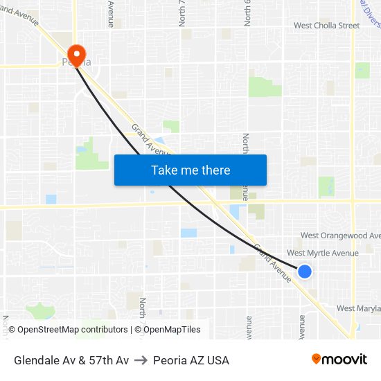 Glendale Av & 57th Av to Peoria AZ USA map