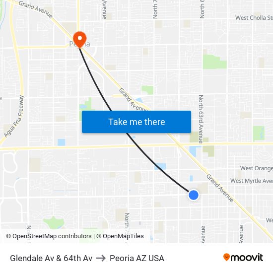Glendale Av & 64th Av to Peoria AZ USA map