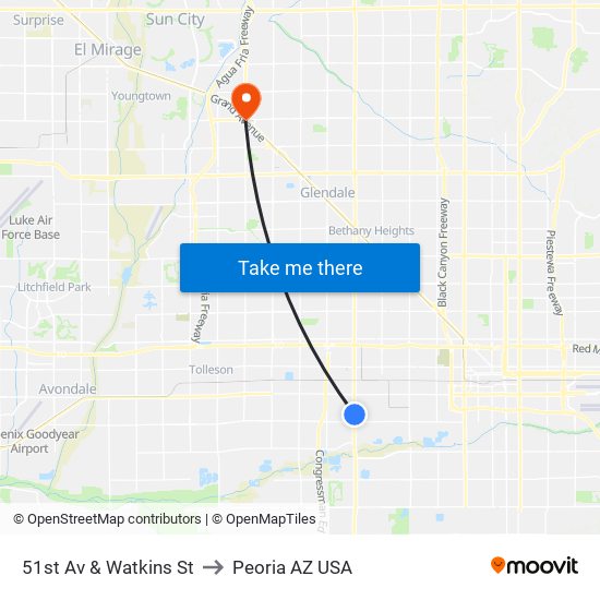 51st Av & Watkins St to Peoria AZ USA map