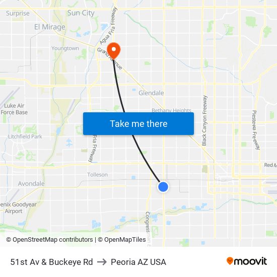 51st Av & Buckeye Rd to Peoria AZ USA map