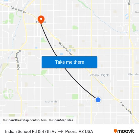 Indian School Rd & 47th Av to Peoria AZ USA map
