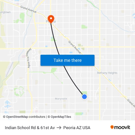 Indian School Rd & 61st Av to Peoria AZ USA map