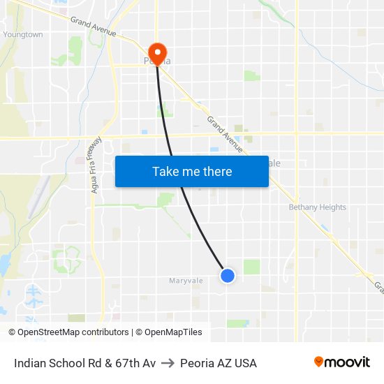 Indian School Rd & 67th Av to Peoria AZ USA map