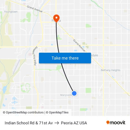Indian School Rd & 71st Av to Peoria AZ USA map