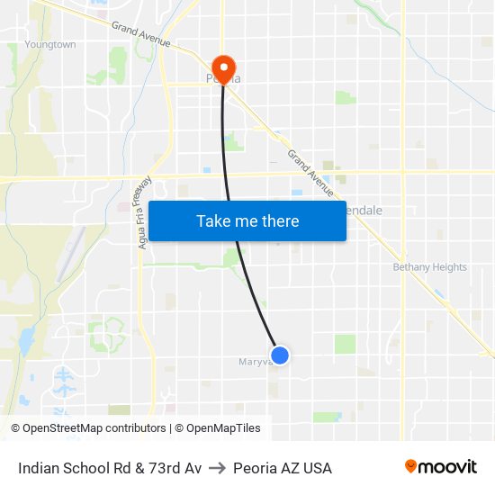 Indian School Rd & 73rd Av to Peoria AZ USA map