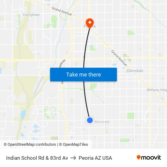Indian School Rd & 83rd Av to Peoria AZ USA map