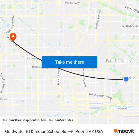 Goldwater Bl & Indian School Rd to Peoria AZ USA map