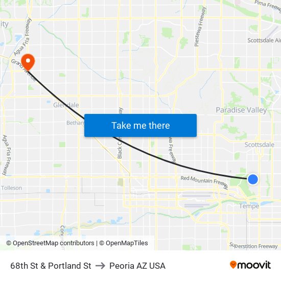 68th St & Portland St to Peoria AZ USA map