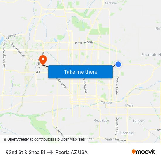 92nd St & Shea Bl to Peoria AZ USA map