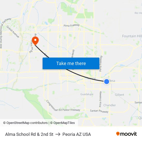 Alma School Rd & 2nd St to Peoria AZ USA map