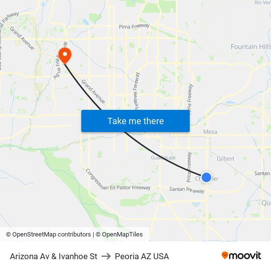 Arizona Av & Ivanhoe St to Peoria AZ USA map