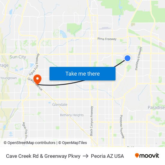 Cave Creek Rd & Greenway Pkwy to Peoria AZ USA map