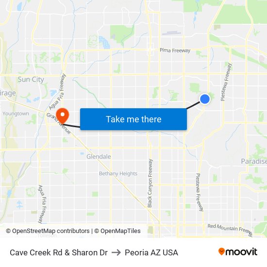 Cave Creek Rd & Sharon Dr to Peoria AZ USA map