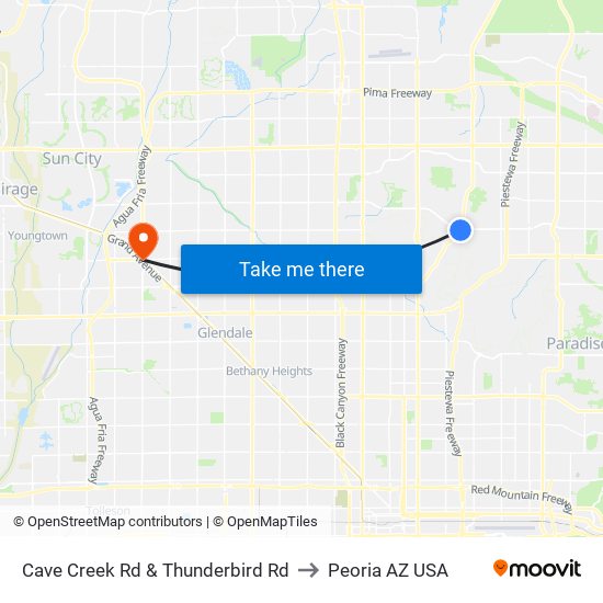 Cave Creek Rd & Thunderbird Rd to Peoria AZ USA map