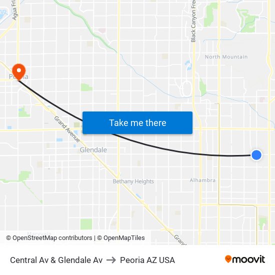 Central Av & Glendale Av to Peoria AZ USA map