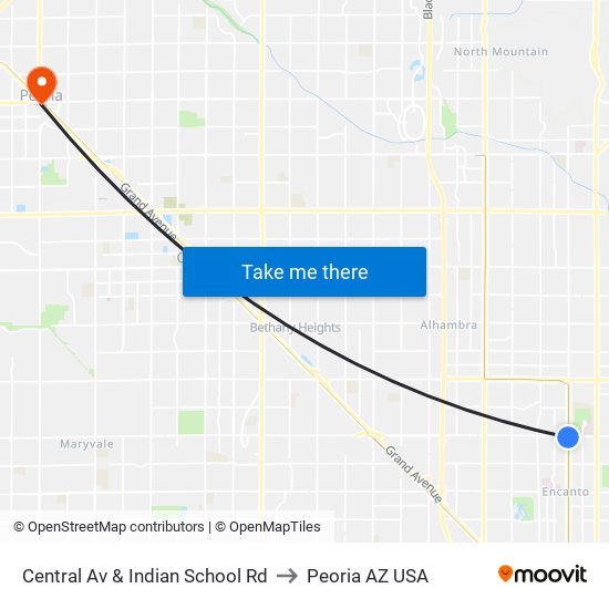 Central Av & Indian School Rd to Peoria AZ USA map
