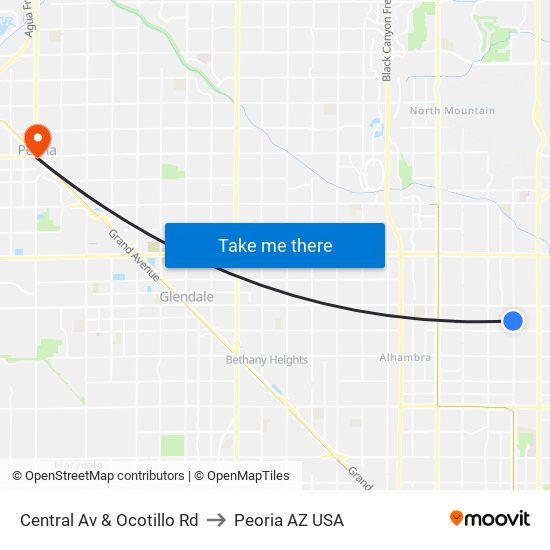 Central Av & Ocotillo Rd to Peoria AZ USA map