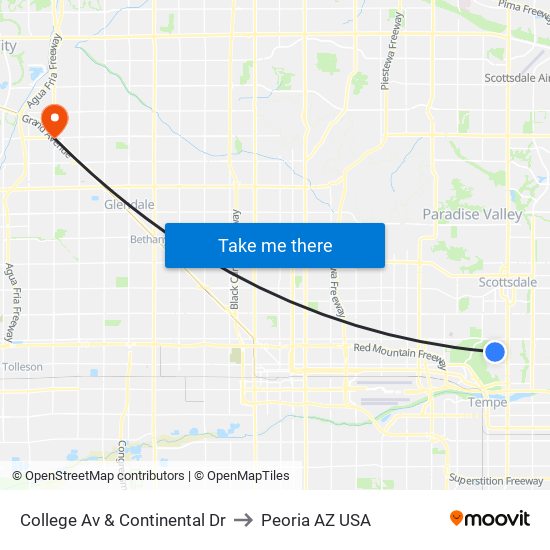 College Av & Continental Dr to Peoria AZ USA map