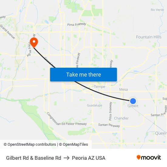 Gilbert Rd & Baseline Rd to Peoria AZ USA map