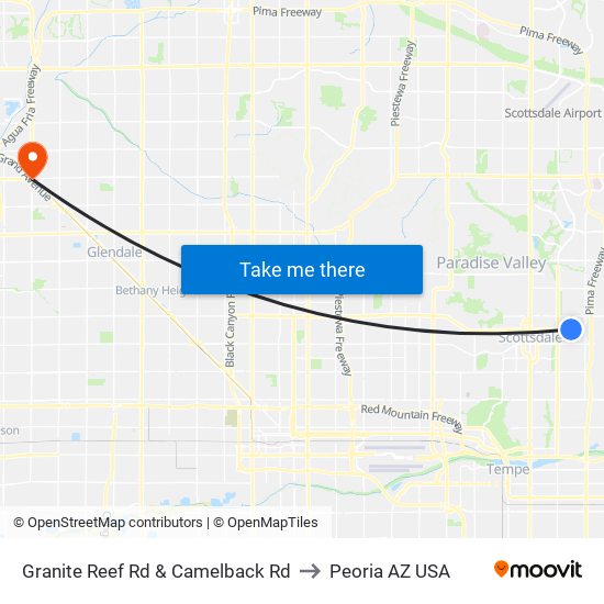 Granite Reef Rd & Camelback Rd to Peoria AZ USA map