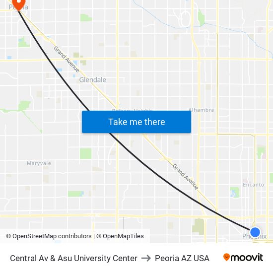 Central Av & Asu University Center to Peoria AZ USA map