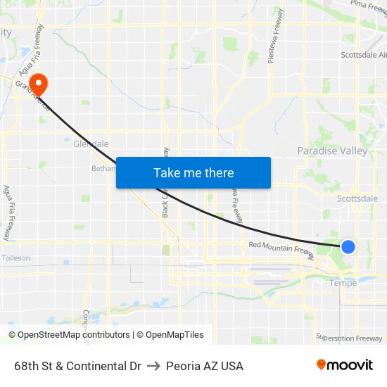 68th St & Continental Dr to Peoria AZ USA map