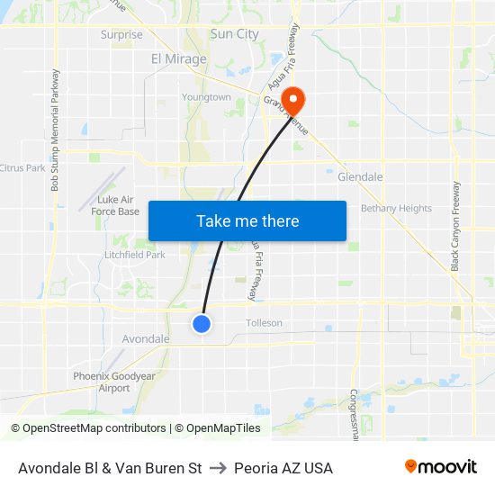 Avondale Bl & Van Buren St to Peoria AZ USA map