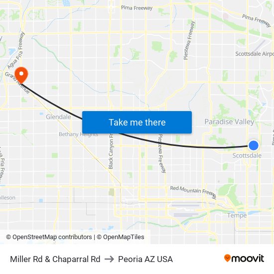 Miller Rd & Chaparral Rd to Peoria AZ USA map