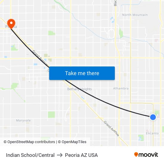 Indian School/Central to Peoria AZ USA map