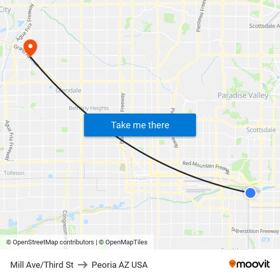 Mill Ave/Third St to Peoria AZ USA map