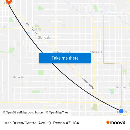 Van Buren/Central Ave to Peoria AZ USA map