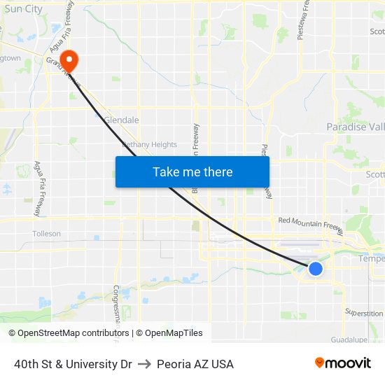 40th St & University Dr to Peoria AZ USA map