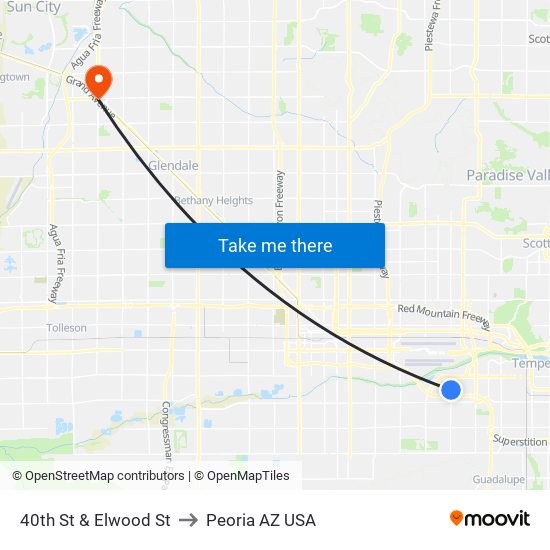 40th St & Elwood St to Peoria AZ USA map