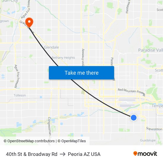 40th St & Broadway Rd to Peoria AZ USA map