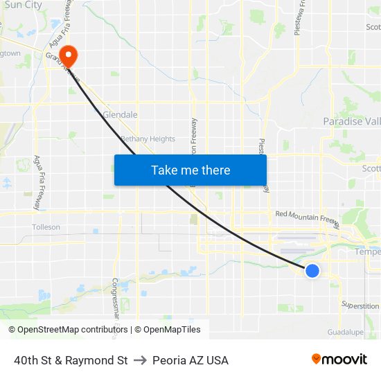 40th St & Raymond St to Peoria AZ USA map