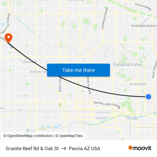 Granite Reef Rd & Oak St to Peoria AZ USA map